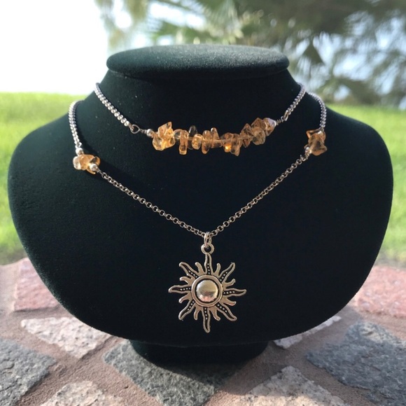 Citrine sun necklace . citrine gems chips double layer necklace silver sun charm - Picture 4 of 9